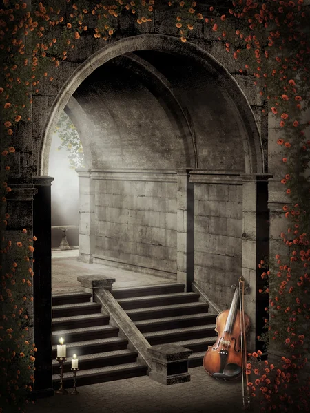 Poarta gotică cu trandafiri — Fotografie, imagine de stoc