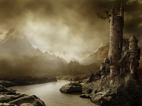 Fantasy landscape with a tower — Stock Photo, Image