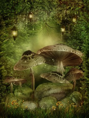 Enchanted forest with mushrooms clipart