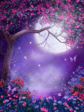 Fantasy tree with flowers clipart