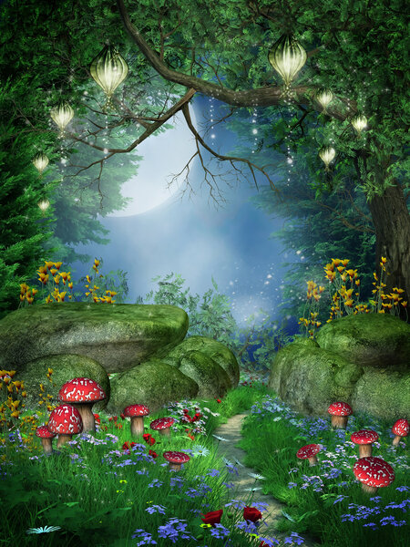 Enchanted forest with lanterns