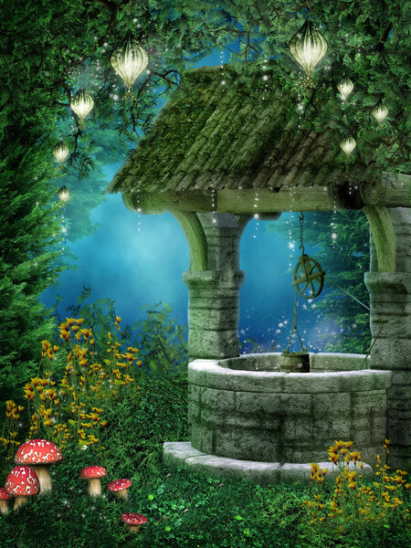 Fantasy wishing well with fairy lanterns