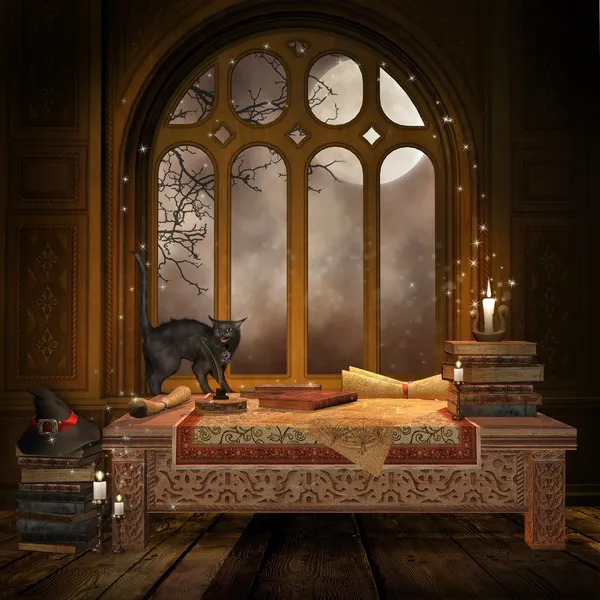 Fantasy desk with books and scrolls — Stock Photo, Image