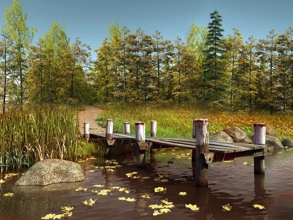 Fából készült móló, egy tó, levelekkel — Stock Fotó