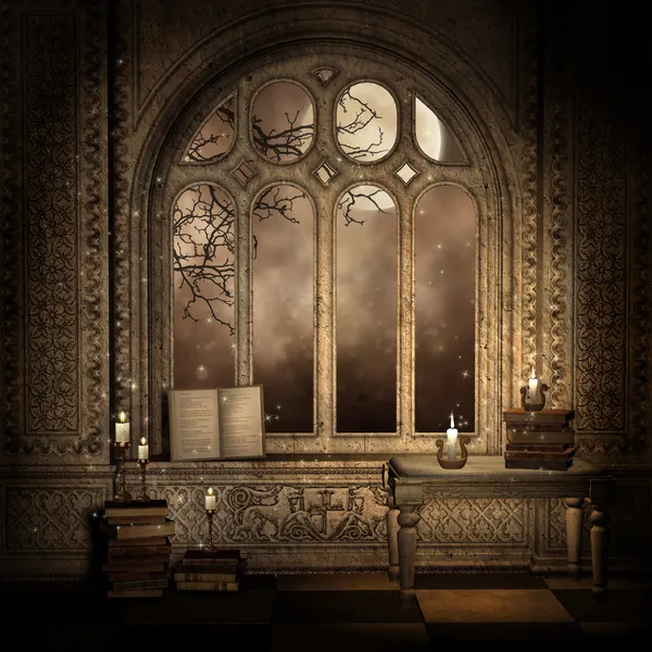 Kitaplar ile karanlık pencere