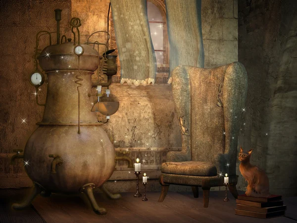 Wizard's room with a cat — Stock Photo, Image