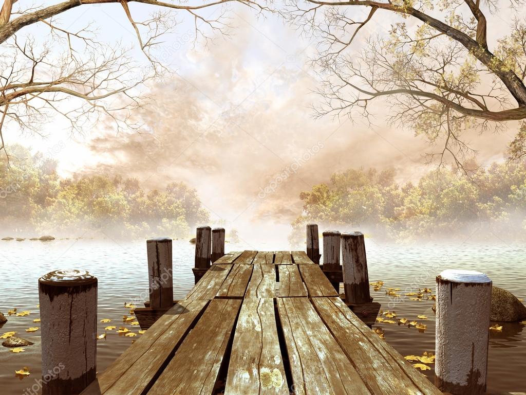 Wooden dock with tree branches