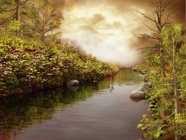 Nehir banka ağaçları ile — Stok fotoğraf
