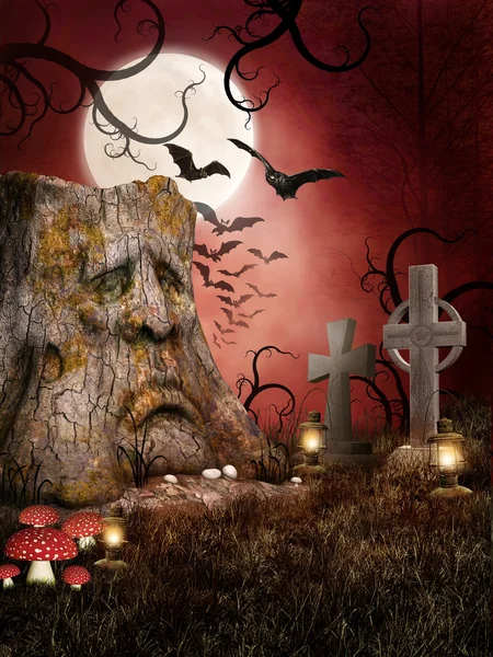 Spooky cemetery with bats — Stock Photo, Image