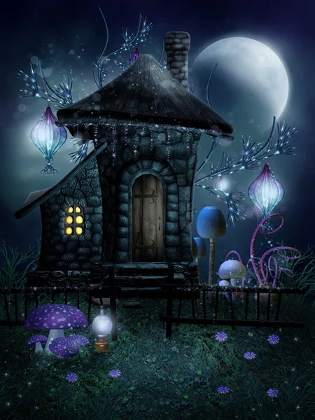 Märchenhaus mit Laternen — Stockfoto