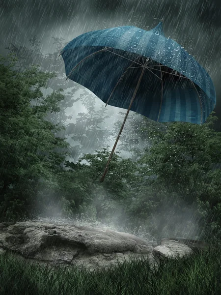 Regenlandschaft mit Regenschirm — Stockfoto
