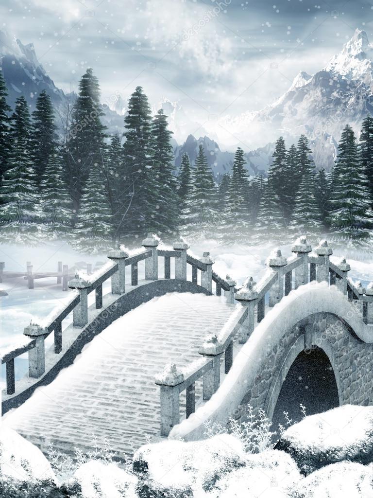 Frozen lake with a bridge