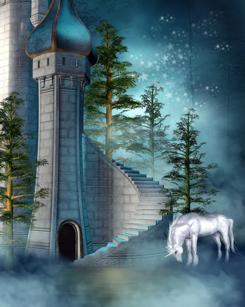 Fantasy tower with a unicorn — Stock Photo, Image