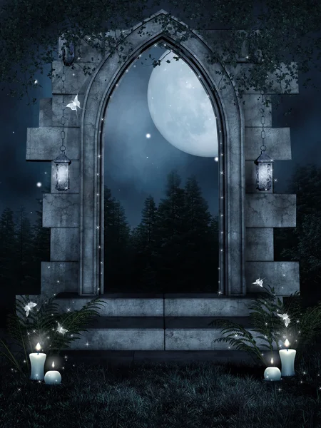 Ruined gate with candles and fern — Stock Photo, Image