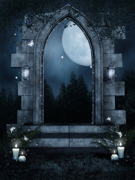 Night scenery with a ruined gate and candles