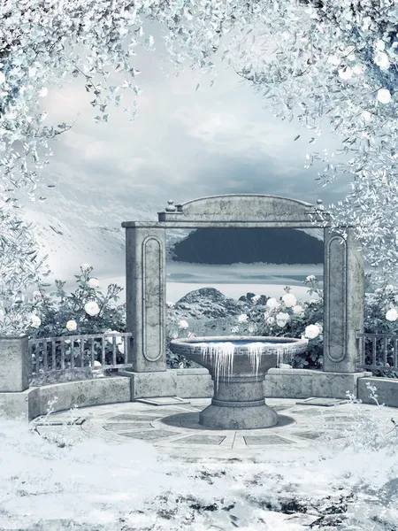 Téli kert található szökőkúttal — Stock Fotó