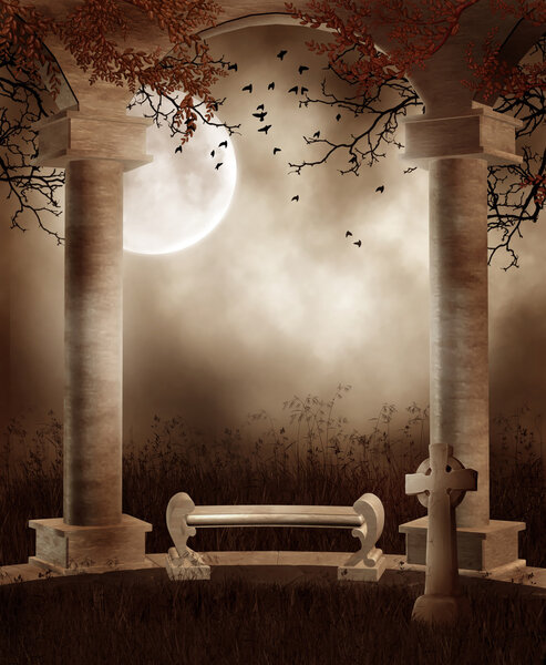 Autumnal scenery with columns, bench and cross
