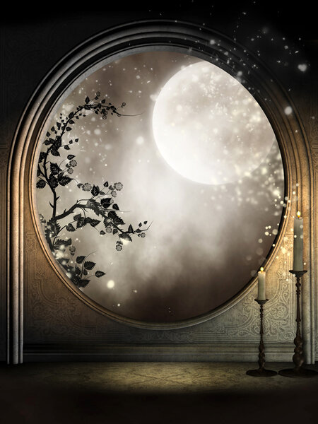 Dark fantasy window with vines, candles and the moon