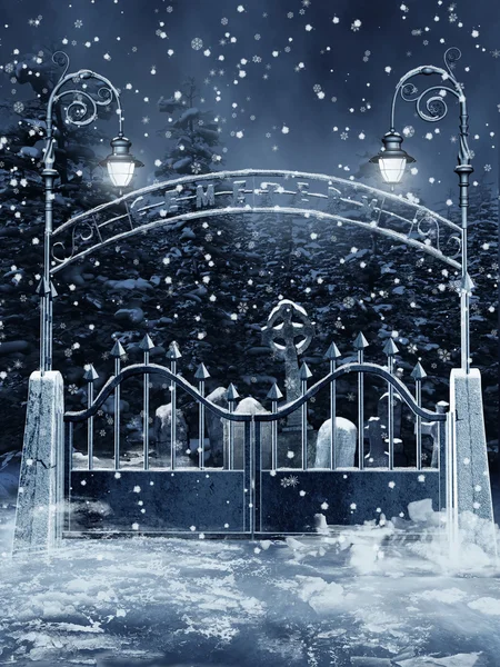 Hřbitovní brána se sněhem — Stock fotografie