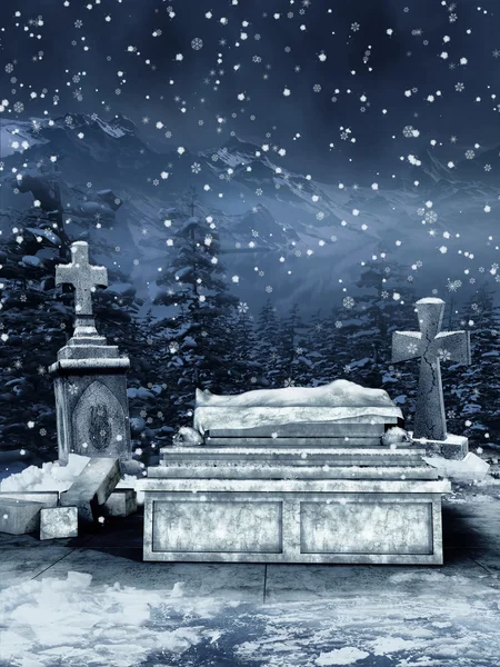 Winter night at a cemetery — Stock Photo, Image