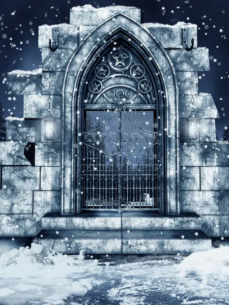 Ruined gate with snow — Stock Photo, Image