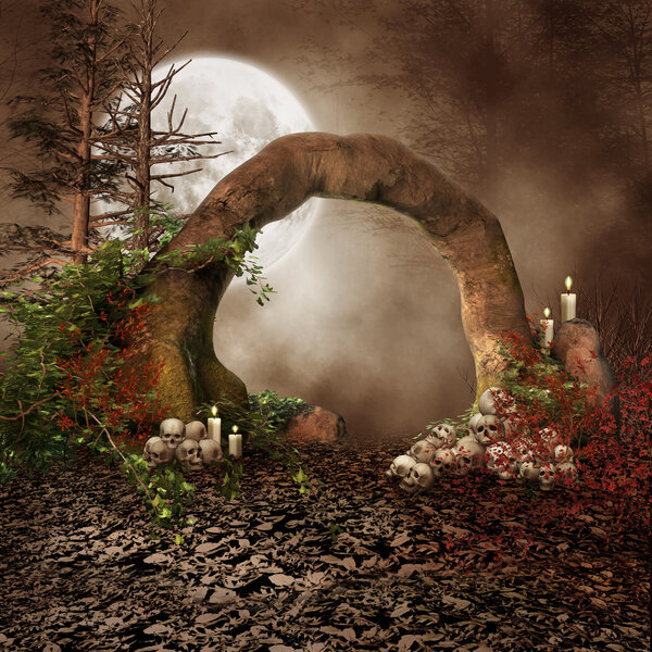 Fantasy stone arch with skulls