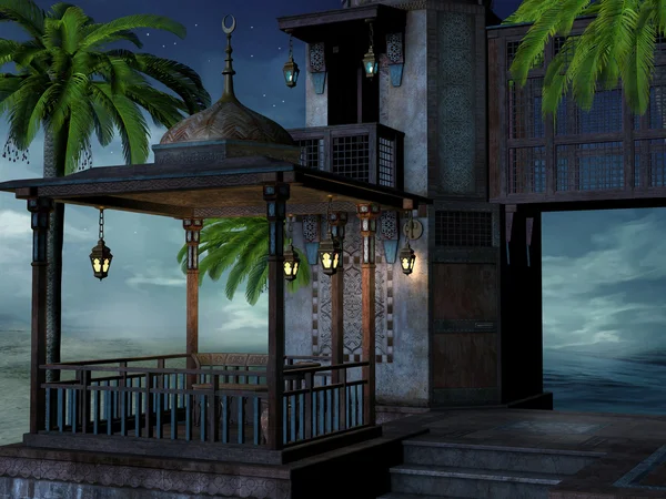 Тропический дворец ночью — стоковое фото