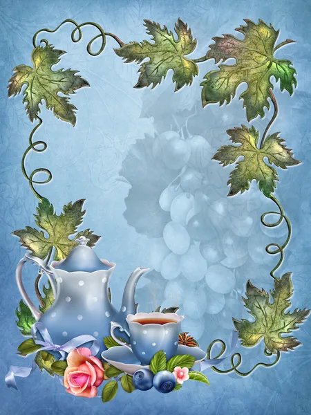 Fundo azul com folhas e xícara de chá — Fotografia de Stock