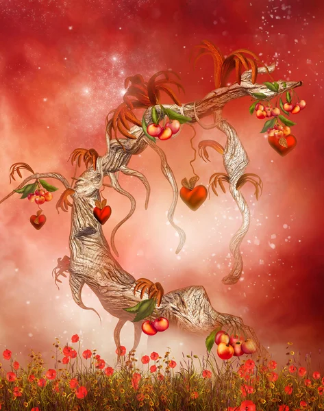 Magic tree with hearts and peaches — Stock Photo, Image