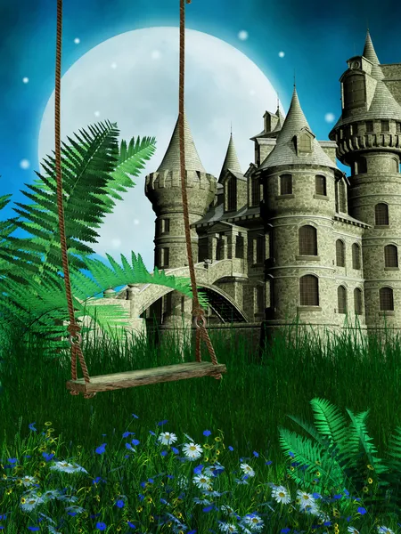 Meadow with a swing and fairy castle — Stock Photo, Image