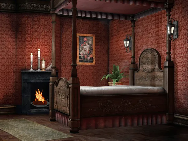 Vintage bedroom with a fireplace — Stock Photo, Image