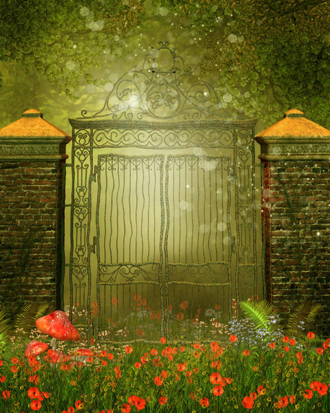 Old vintage gate on a colorful poppy meadow