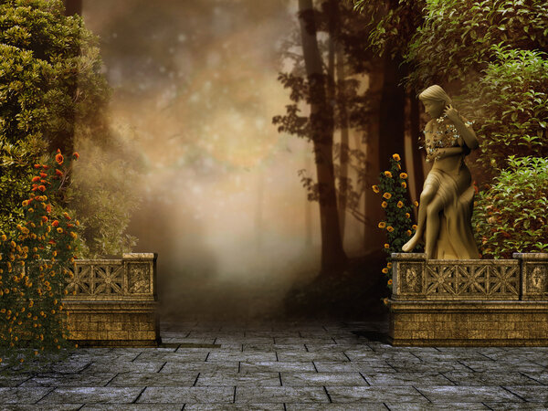 Vintage garden with a stone wall and a statue