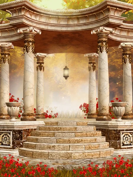 Marble gazebo with autumn flowers — Stock Image Marble gazebo with autumn flowers Royalty Free Stock Photos