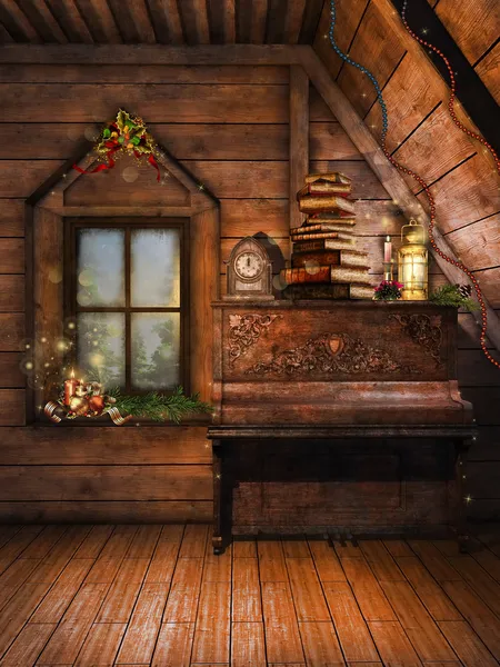 Attic with a piano and candles — Stock Photo, Image