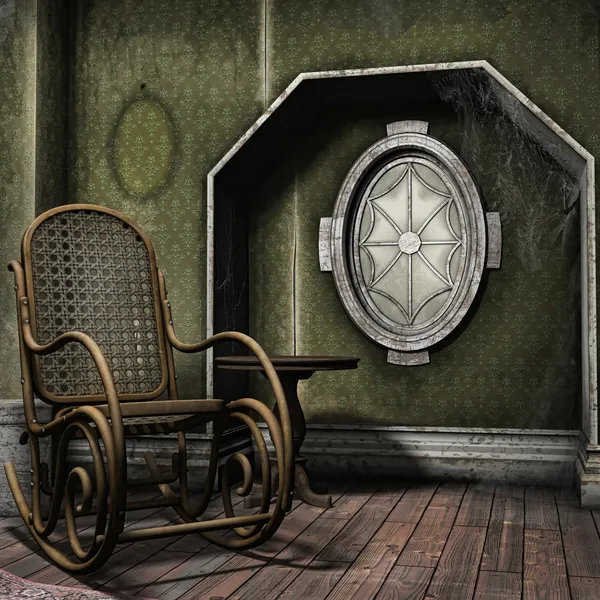 Stoffige kamer met een schommelstoel — Stockfoto