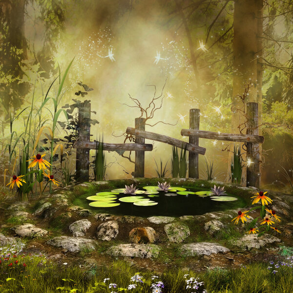 Fantasy pond with a wooden fence and yellow flowers in the forest