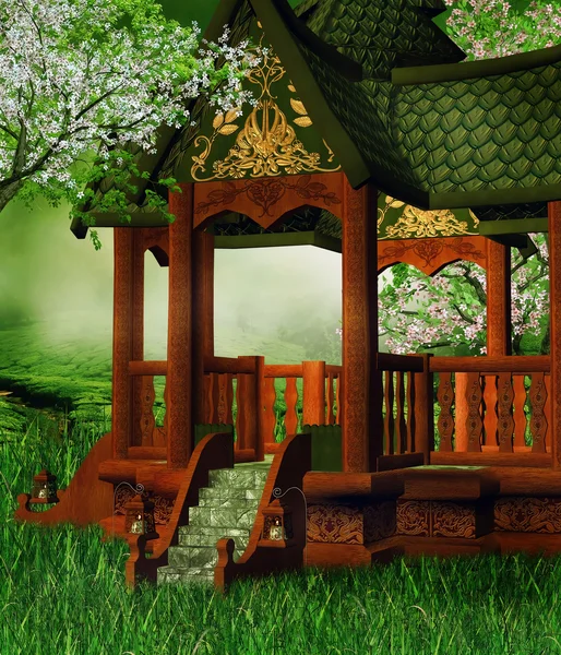 Gazebo oriental sur une prairie — Photo