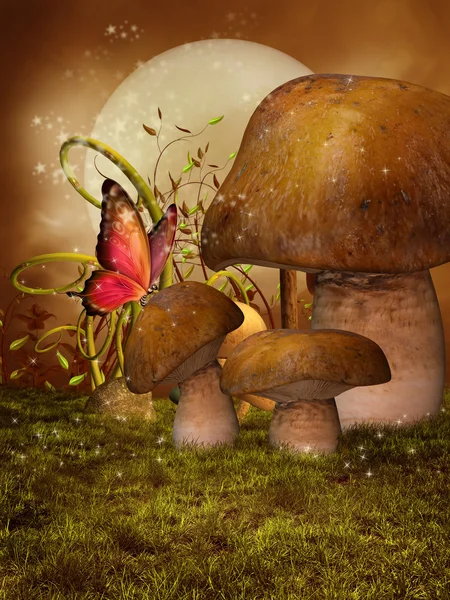 Paddestoelen, maan en vlinder — Stockfoto