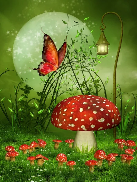 Mushroom meadow and butterfly — Stock Photo, Image