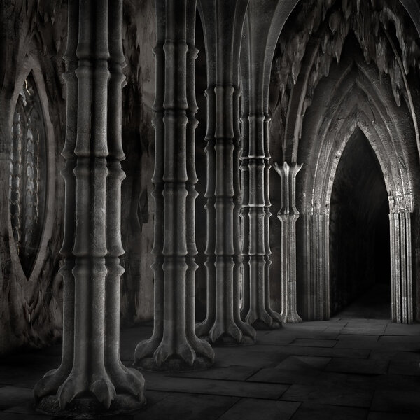 Columns and doors in a dark gothic cathedral