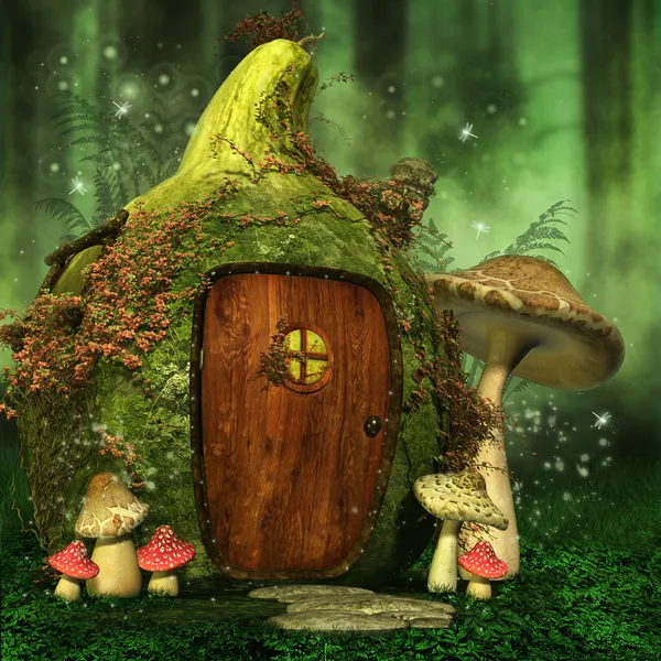 Fairy huisje met champignons — Stockfoto