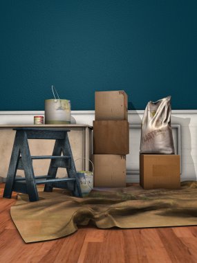 karton kutular, boya tenekeleri ve merdiven