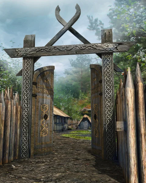 Wooden gate to a medieval village — Stock Photo, Image