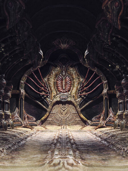 Dark hallway in a fantasy temple carved in a cave with fancy ornaments. 3D render.