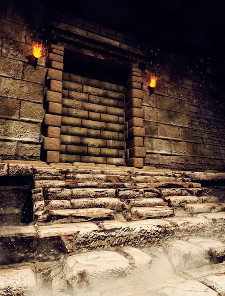 Fantasy Scene Entrance Ancient Pyramid Covered Stone Blocks Render — Stock Photo, Image