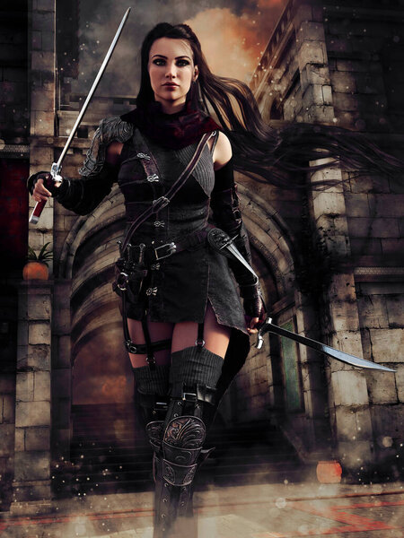 Female knight with two swords in front of a stone castle gate. 3D render.