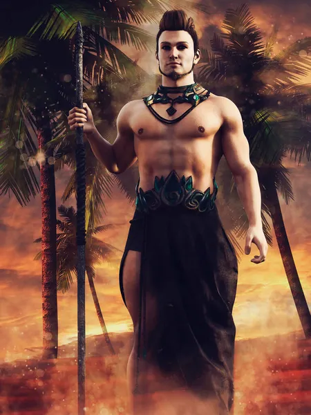 ヤシの木のビーチの前に立って槍を持つ若い部族の戦士 3Dレンダリング — ストック写真