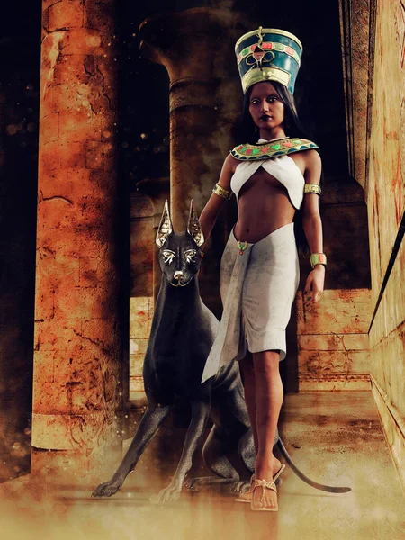 Ancient Egyptian Priestess Temple Columns Standing Next Black Hound Render — Stock Photo, Image