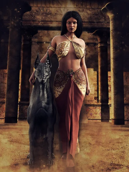 Ancient Egyptian Priestess Hound Hallway Pyramid Temple Render — Stock Photo, Image